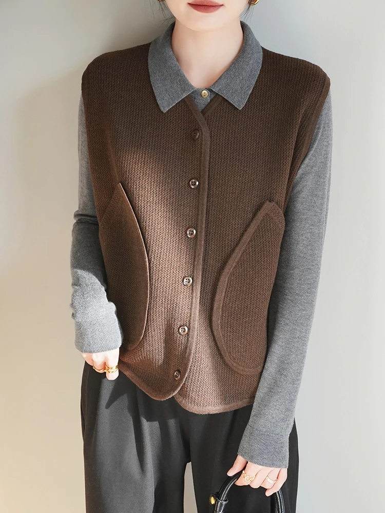 New Spring Autumn Women's Sweater Vest Blend Wool Female Knitwear Pocket Cardigan Sleeveless Clothing Tops Spinning Cozy Jersey