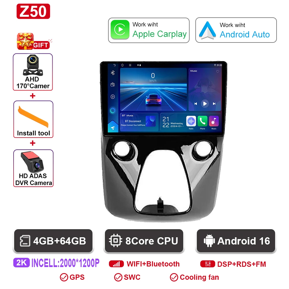 Autoradio Android navigatie GPS Android Auto stereo Carplay scherm No2 DIN DOM voor Toyota Aygo Peugeot 108 Citroen C1 2016-2020