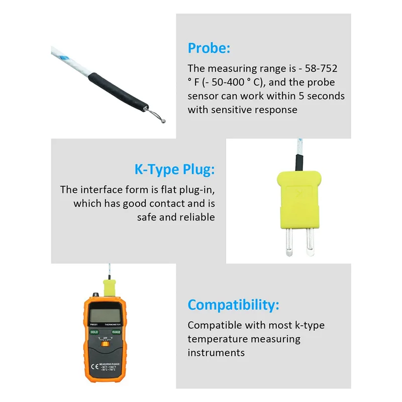 ABLJ10 Buah Sensor Pemeriksa Suhu Termokopel Konektor Mini Tipe K 3Meter -50-350 ° C Jalur Penginderaan Suhu