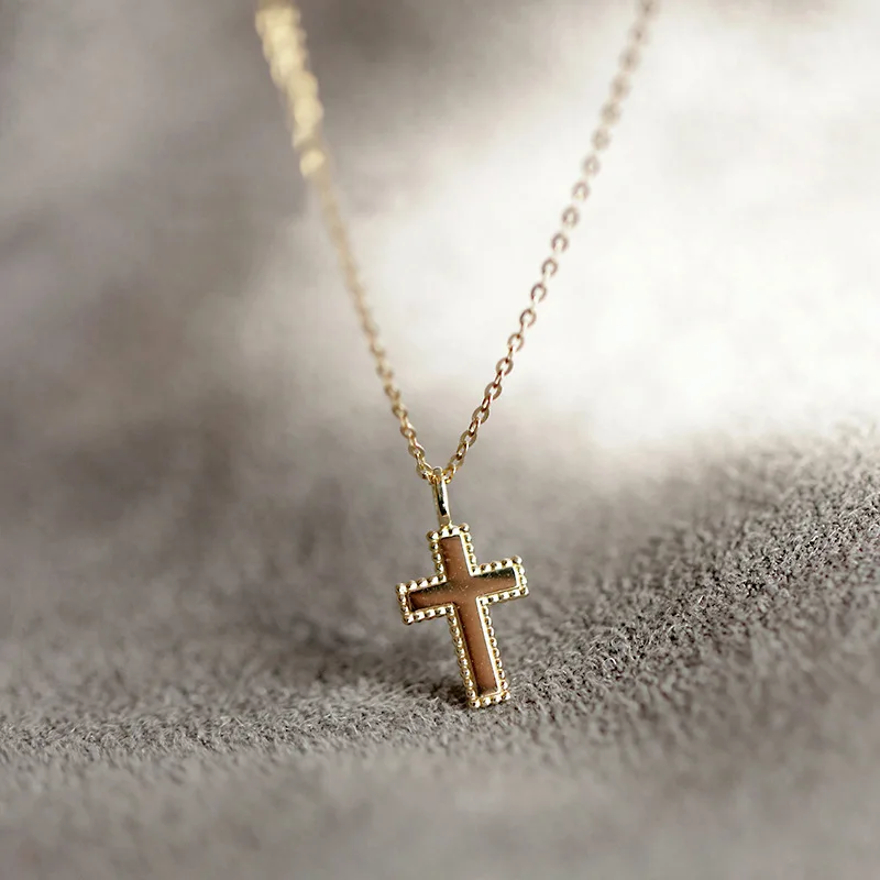 Original design S925 sterling silver plated 14K gold necklace Women\'s Classic glossy cross pendant niche ins clavicle chain