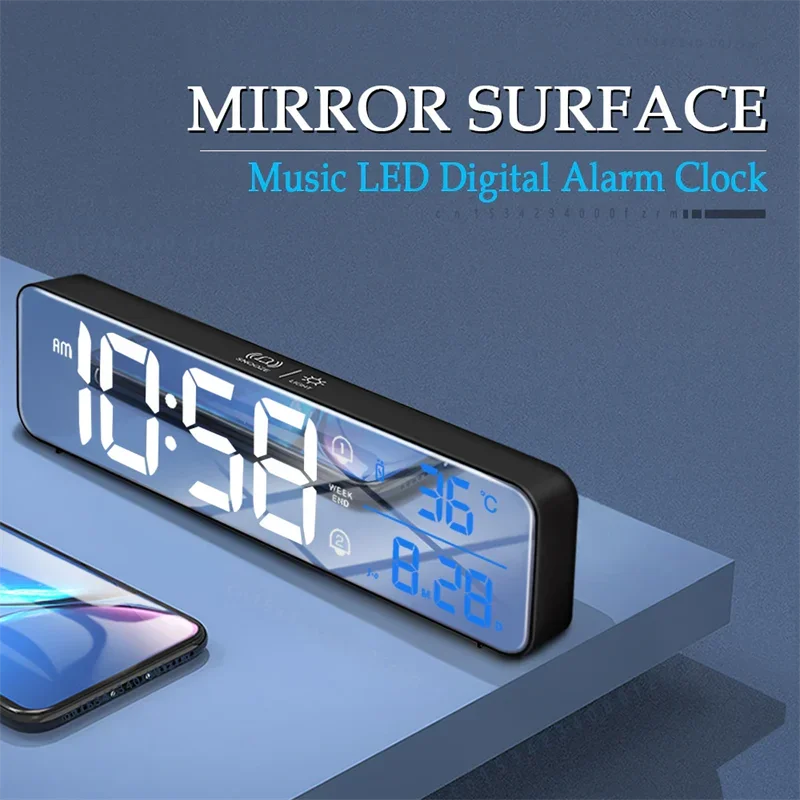 

LED Digital Alarm Clock with Temperature Date Display and Voice Control - Desktop Mirror Clock for Home Table Decoration, 2400mA