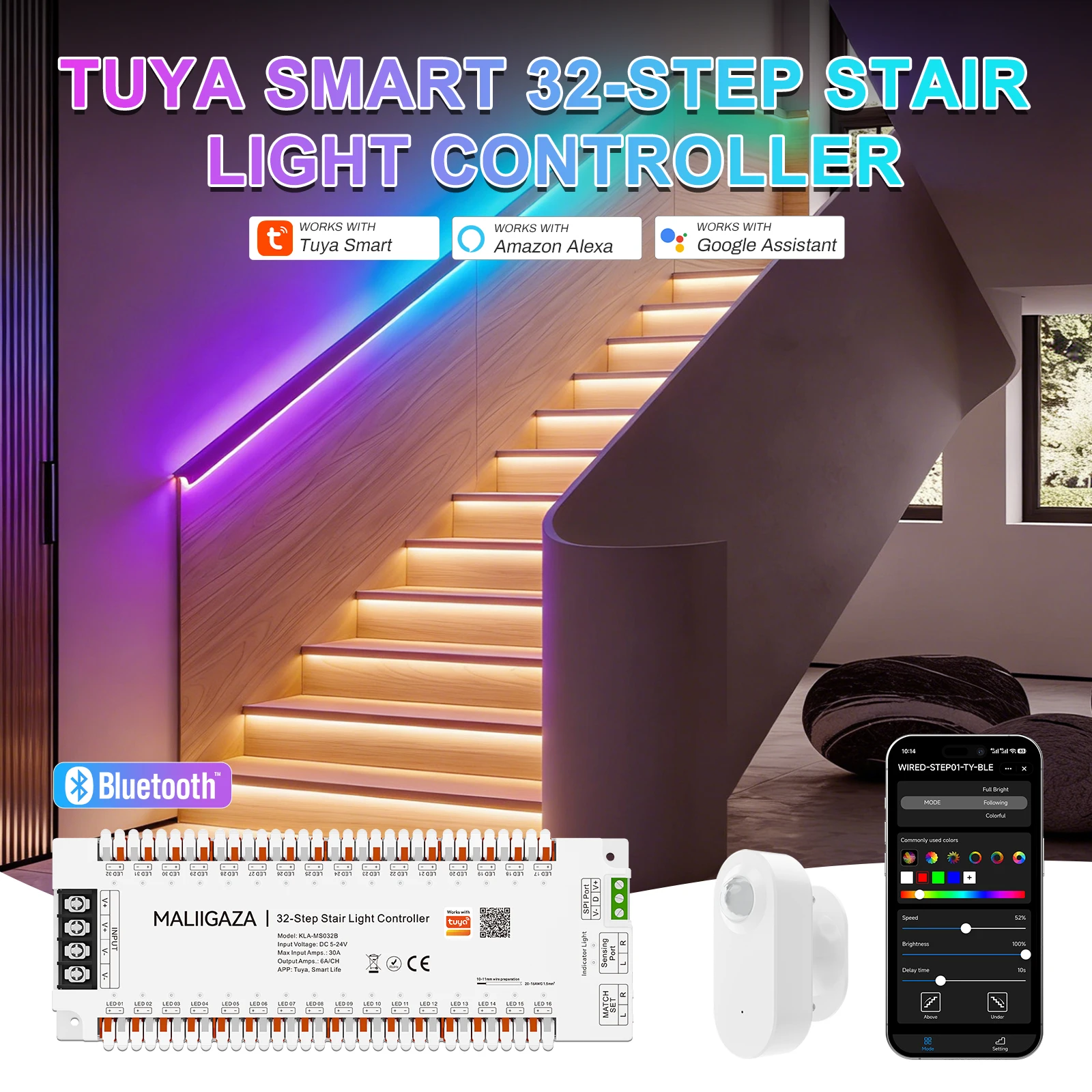 Tuya Stair Light Controller Smart LED strip lights Controller SPI RGB BT App Wireless Sensor Control for 1-32 Steps