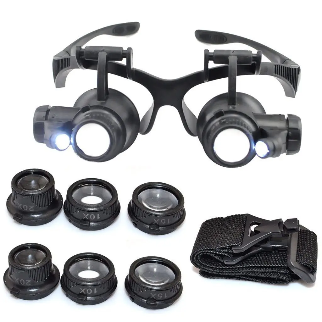 10X 15X 20X 25X LED Magnifier Illuminated Double Eye Glass Jeweler Loupe Repair Headband Magnifying For Close Work Watch Maker