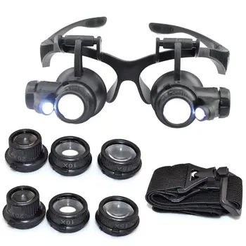 10X 15X 20X Close LED Magnifier Illuminated Double Eye Glass Jeweler Repair Head Loupe for Close Working Watch Machine