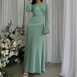 Casual Slim-fit Dress Abaya Dubai Pleated High-waisted Dress for Women Solid Color Islam Muslim Dress Women Long Kaftan Vestidos