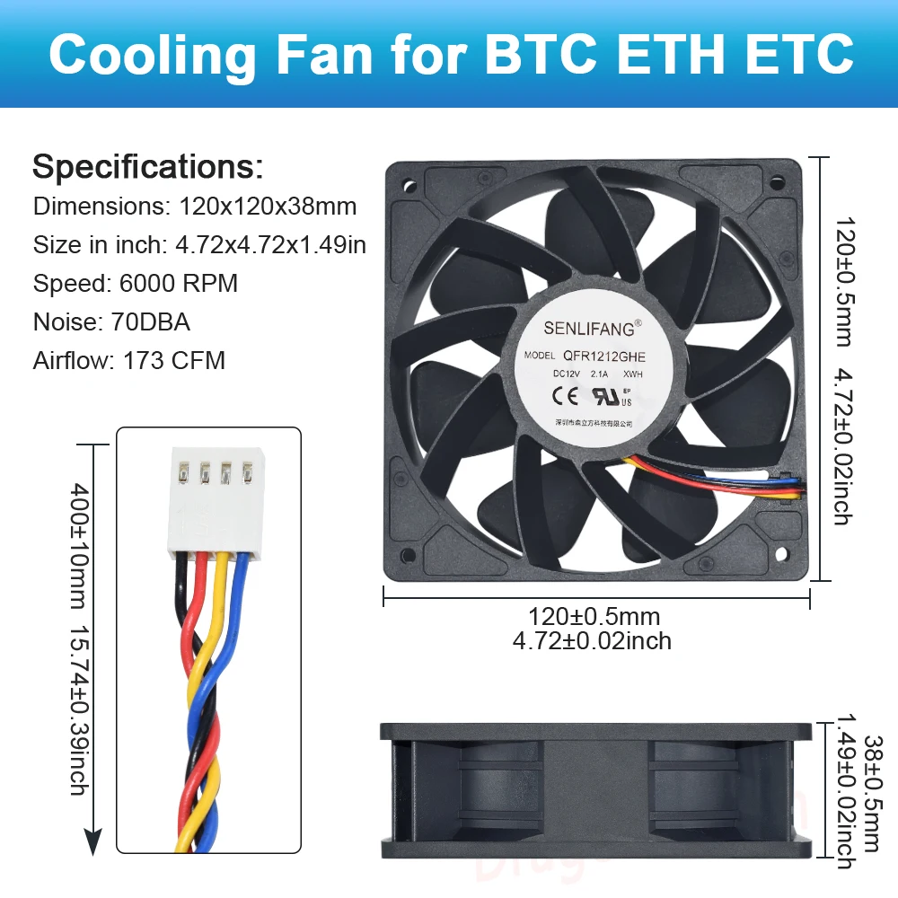 SENLIFANG 5 PCS QFR1212GHE DC 12V 2.1A S7 S9 T9 L3 BTC ETH Mining Double ball bearing/Cooling Fan 120*120*38mm