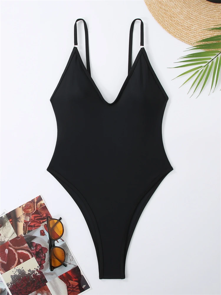 

One Piece Swimsuit Women 2024 New Solid Sling V Neck Sexy Bodysuit Monokini Swimwear Summer Backless Beach Bathing Suit Female