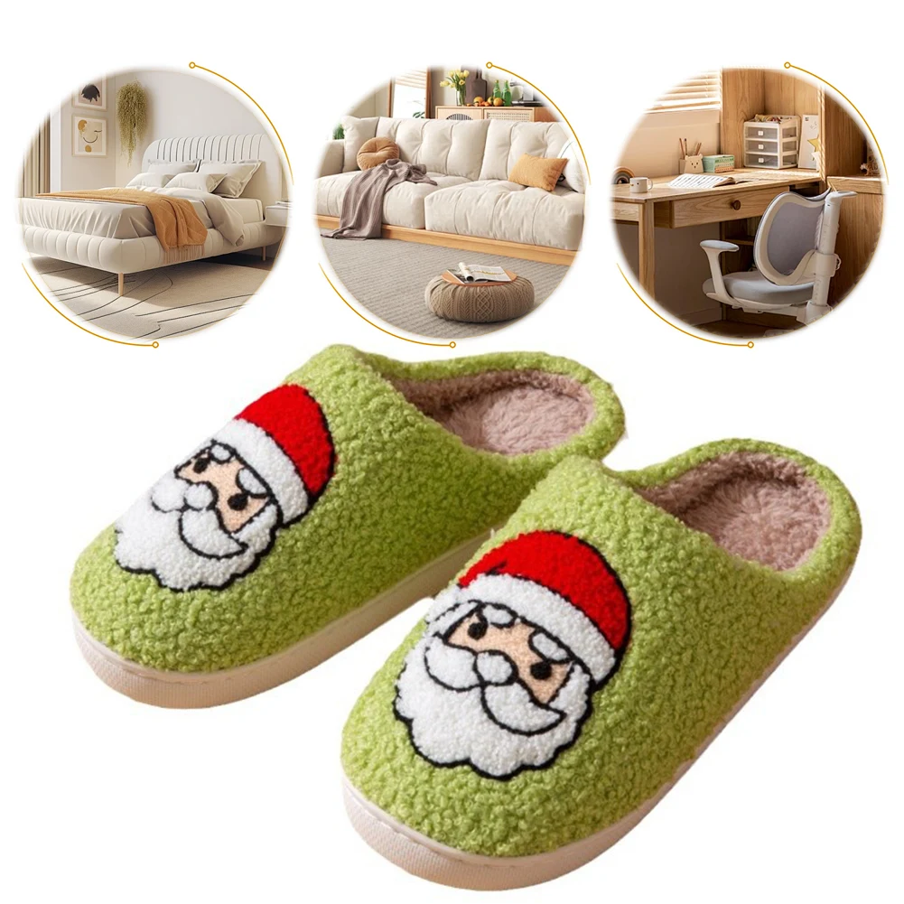 Christmas Santa Claus Slippers Anti Slip Warm Slip-on House Shoes Flat Thermal Slippers Soft Couple Slippers for Indoor Bedroom