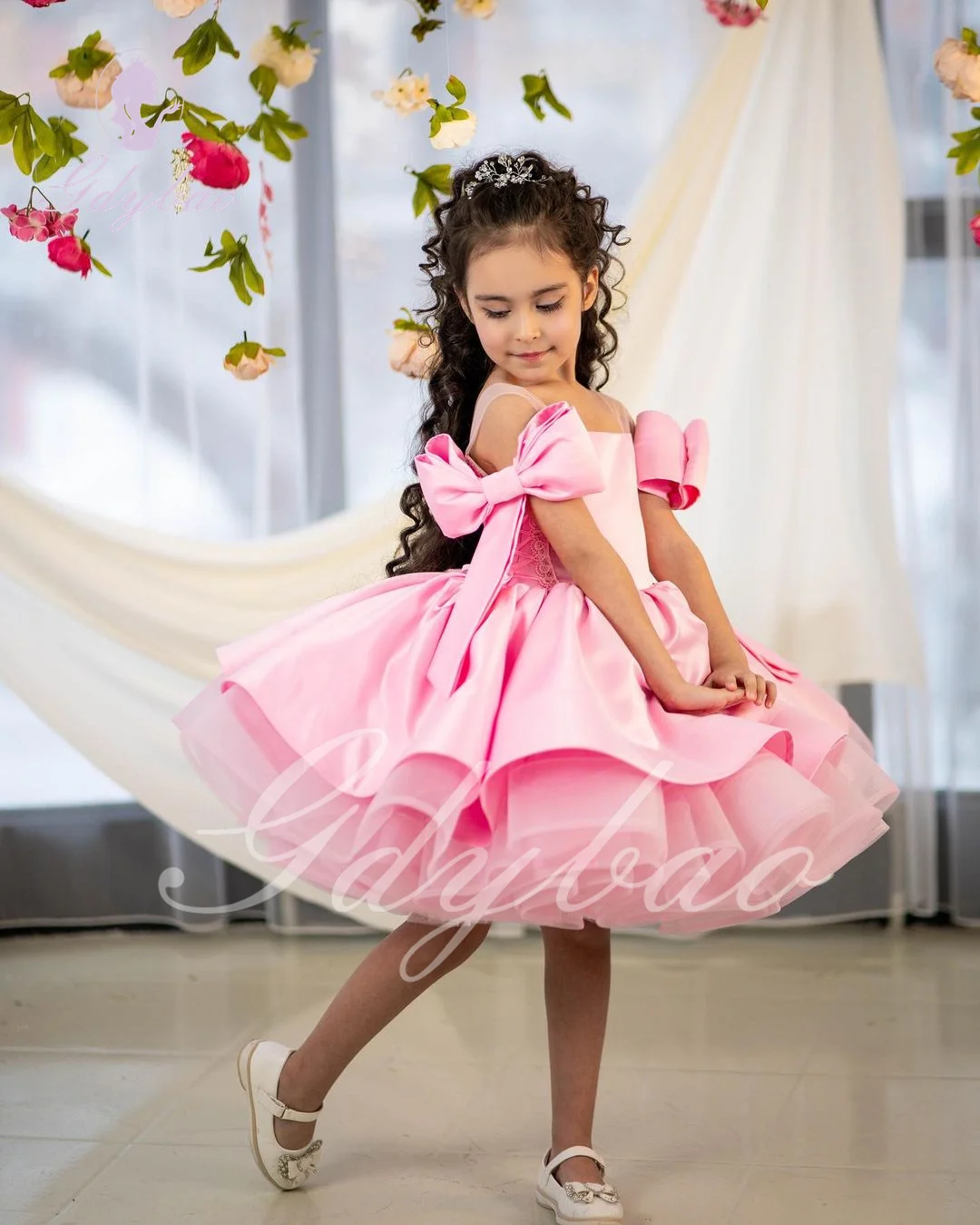 Vestido morado de flores para niña, para boda, satén hinchado, sin mangas, con lazo, princesa, elegante, fiesta infantil, vestido de baile de primera comunión