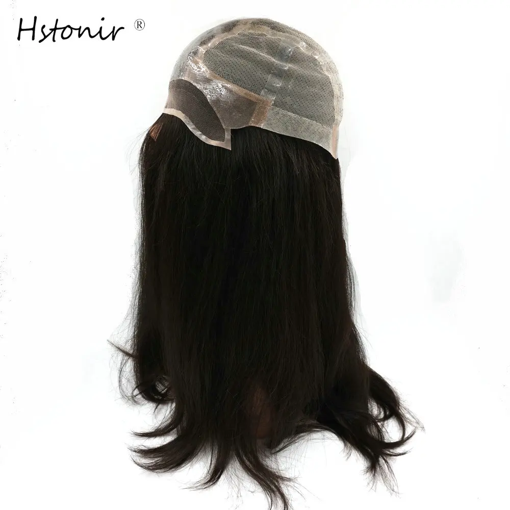 Hstonir Medical Wig French Lace Front Anti-slip Soft Silicone Top Polyskin European Remy Hair With Stretch Net G038