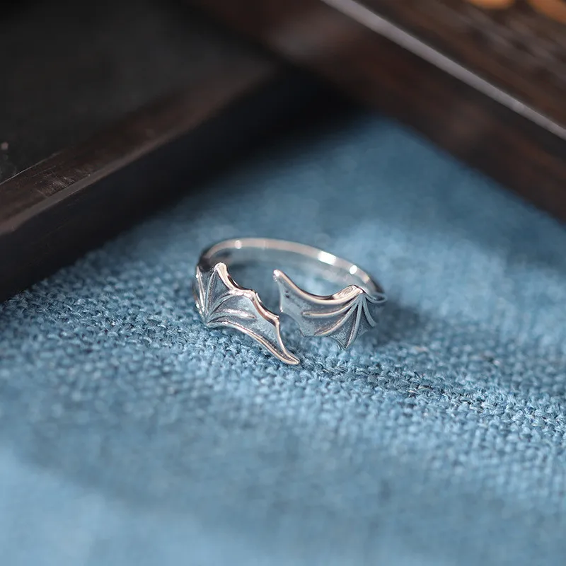 925 Sterling Silver Devil Wings Feather Thai Silver Open Rings For Women Girl Female Sterling-silver-jewelry Bague LR210 image 6