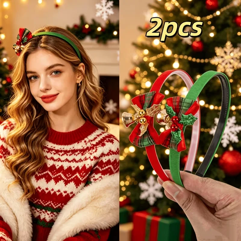 2 diademas navideñas con lazo y campana, aros para el cabello con lazo a cuadros y hojas de acebo, accesorios para el cabello de mujer para fiestas navideñas.
