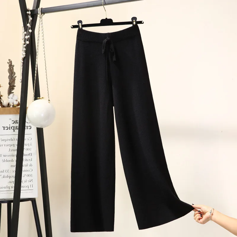 Pantalon tricoté à jambes larges pour femme, élégant, ample, décontracté, tendance, couleur unie, Simple, basique, nouvelle mode automne hiver