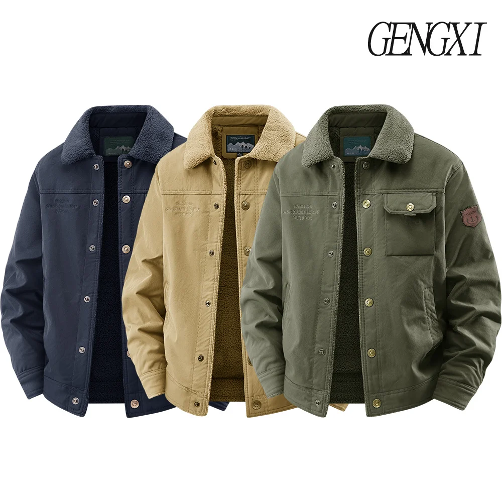 

Autumn/Winter New Arrival: Letter Embroidered Multi-Pocket Workwear Jacket Fleece-Lined Thickened Single-Breasted Collared Coat