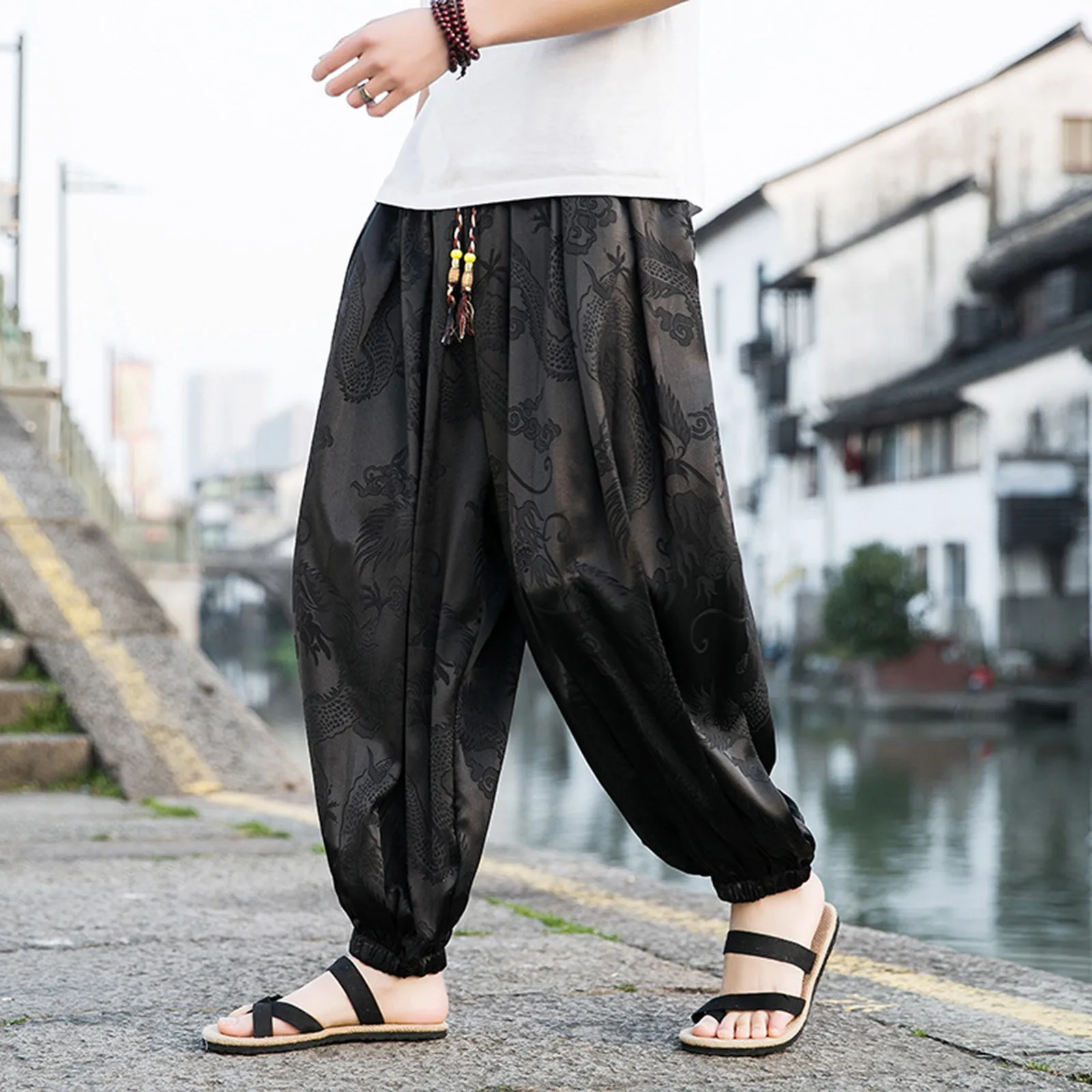 Mens Pants Summer Vintage Graphic Printed Elastic Waist Trousers Japanese Style Harajuku Oversize Hawaiian Beach Holiday Bottoms