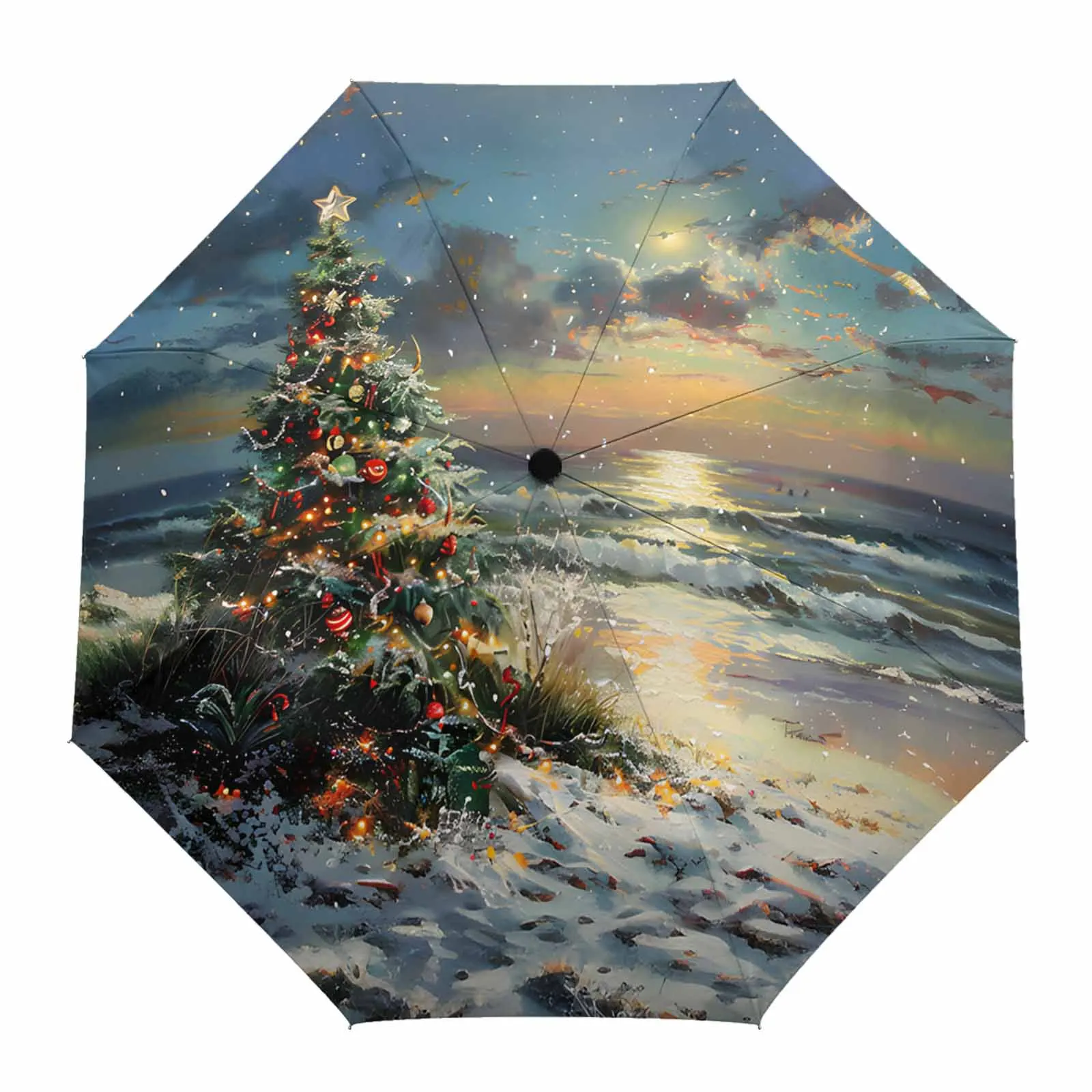 Christmas Beach Christmas Tree Sunset Fully-automatic Umbrella for Outdoor Kids Adults Umbrella Foldable Eight Strand Umbrella