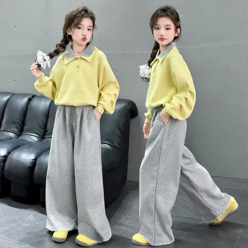 2026 Autumn Winter Teenager Clothes Children Set Bow Crop Top Sweatshirt T Shirt+ Wide Leg Pant Suit Tracksuit 4 8 10 12 14 Year