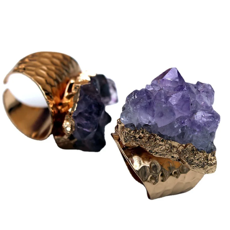 

Handmade genuine natural amethyst ring, Brazilian amethyst rough stone cluster plated inlay, adjustable exaggerated jewelry