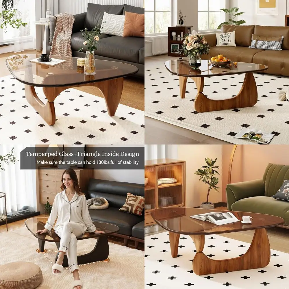 Mid-Century Modern Living Room Coffee Table with Glass Top, Brown Walnut Wood