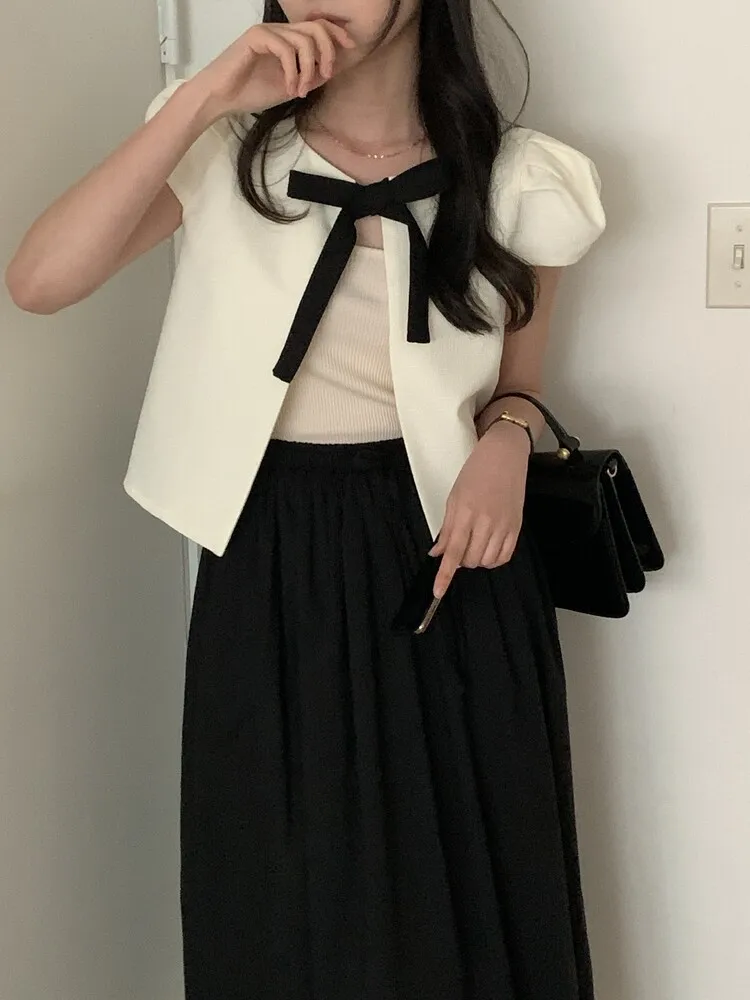 

Korean Style Knot Short Bubble Sleeve Women's Jacket Loose Casual Slimming Outerwear Summer Season Regular Thickness