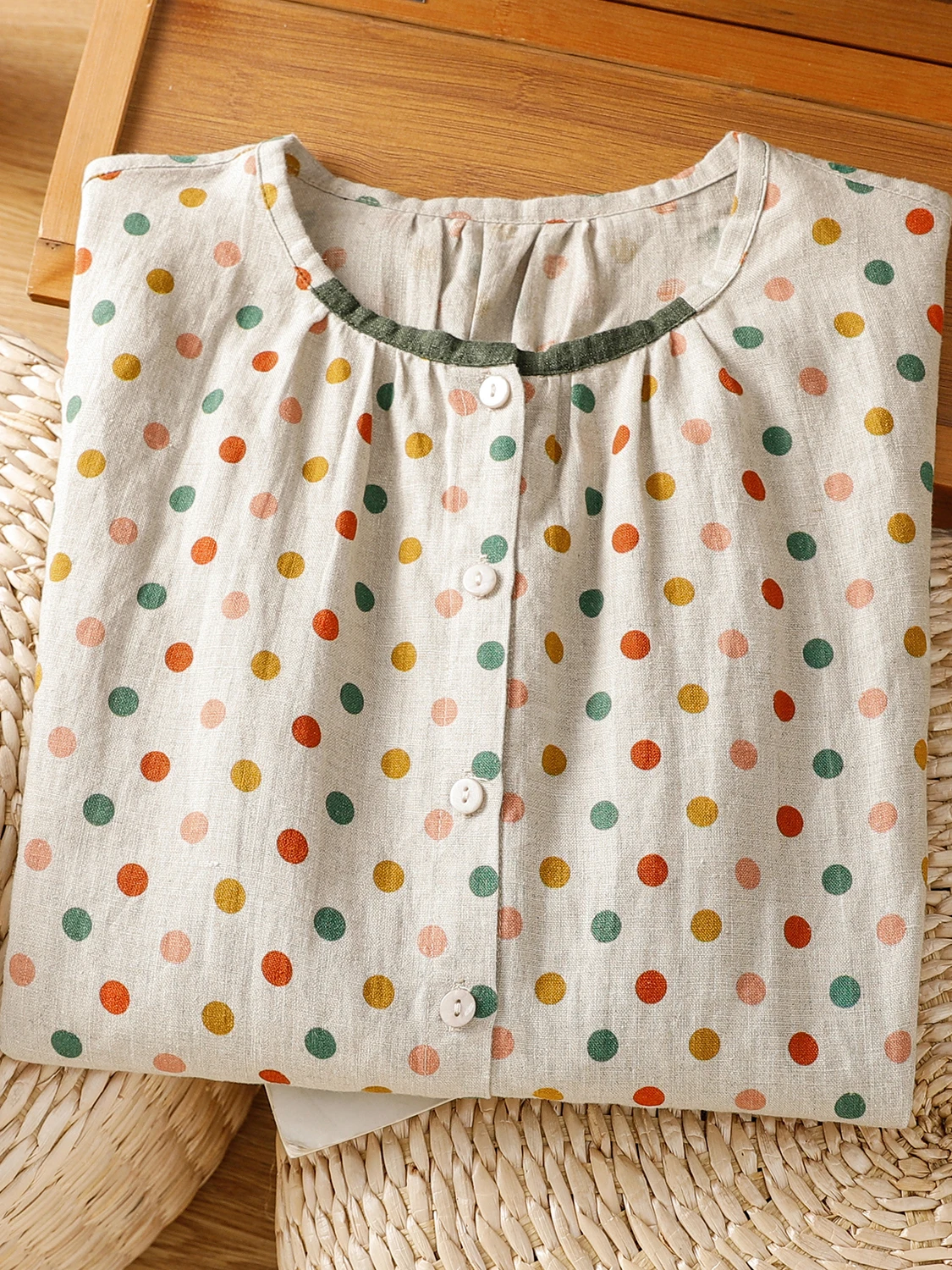 عارضة القطن الكتان البولكا نقطة irt المرأة زائد حجم طويل Sve زر تصميم ثي رقيقة الطية تصميم فني Sle مفتوح C...