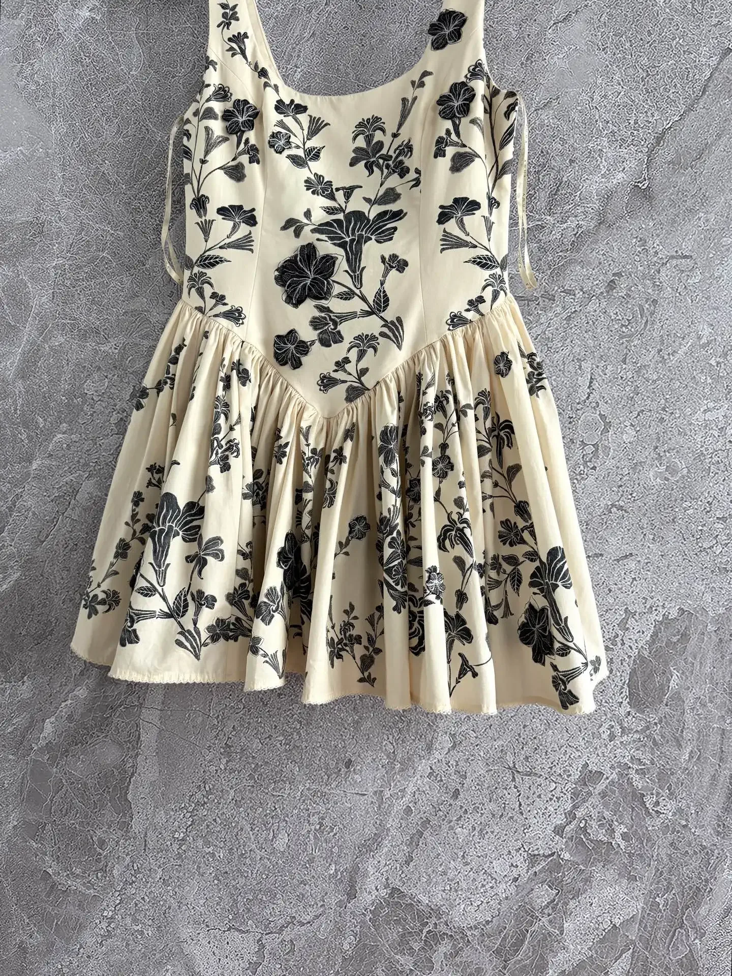 2025 New Women 100% Cotton Tank Dress Position Flower Print and 3D Floral Embroidery Square Collar High Waist Holiday Mini Robe