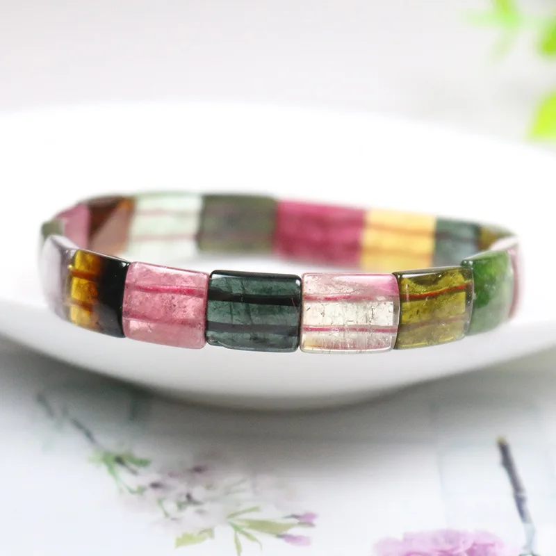 Natural Candy Tourmaline Slab Bangle, Transparent Tourmaline Hand Row Bangle, Colorful Women Stone Jewelry