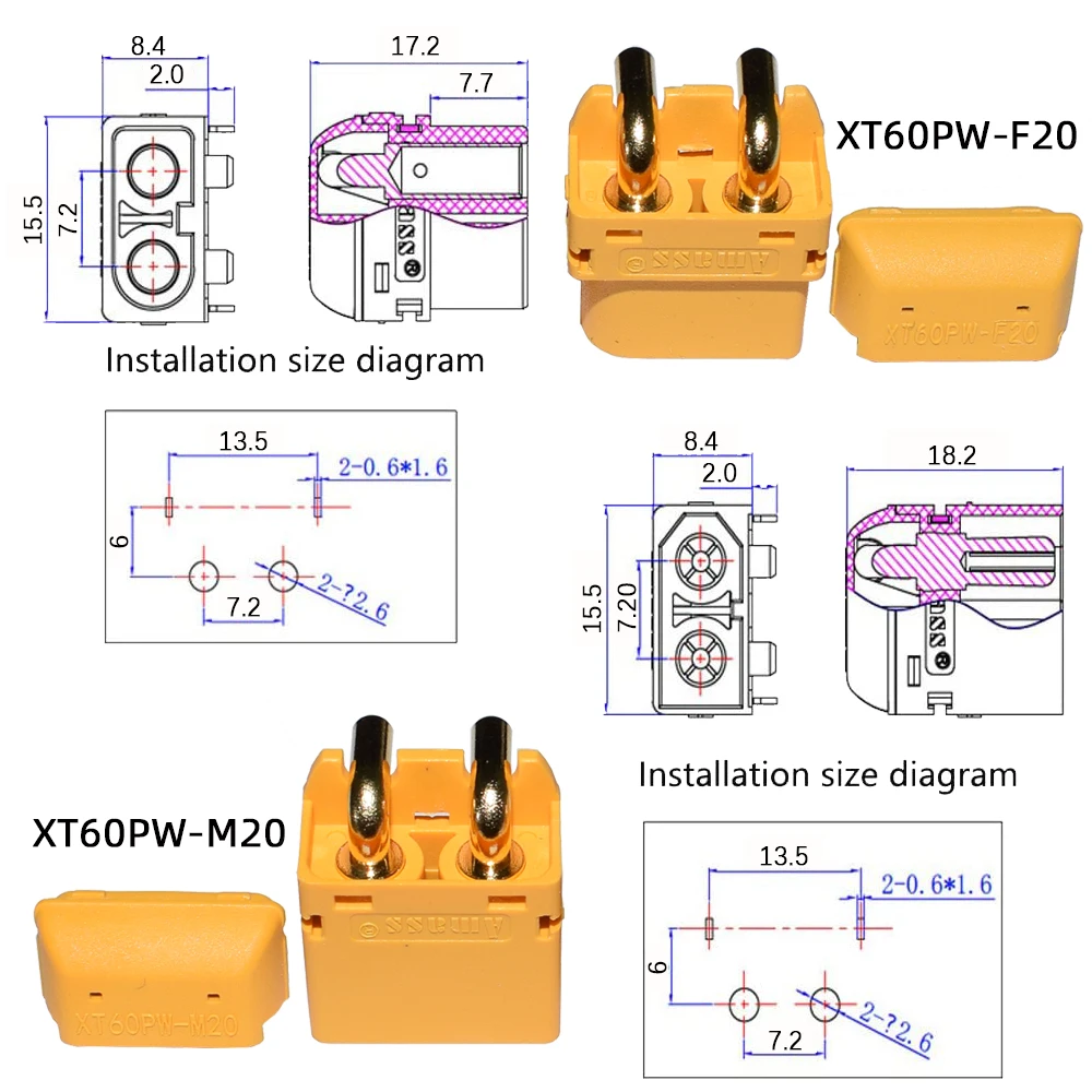 Amass XT60PW conector XT60PW enchufe modelo Horizontal batería Lipo macho hembra conector PCB enchufe de placa para batería RC Quadcopter