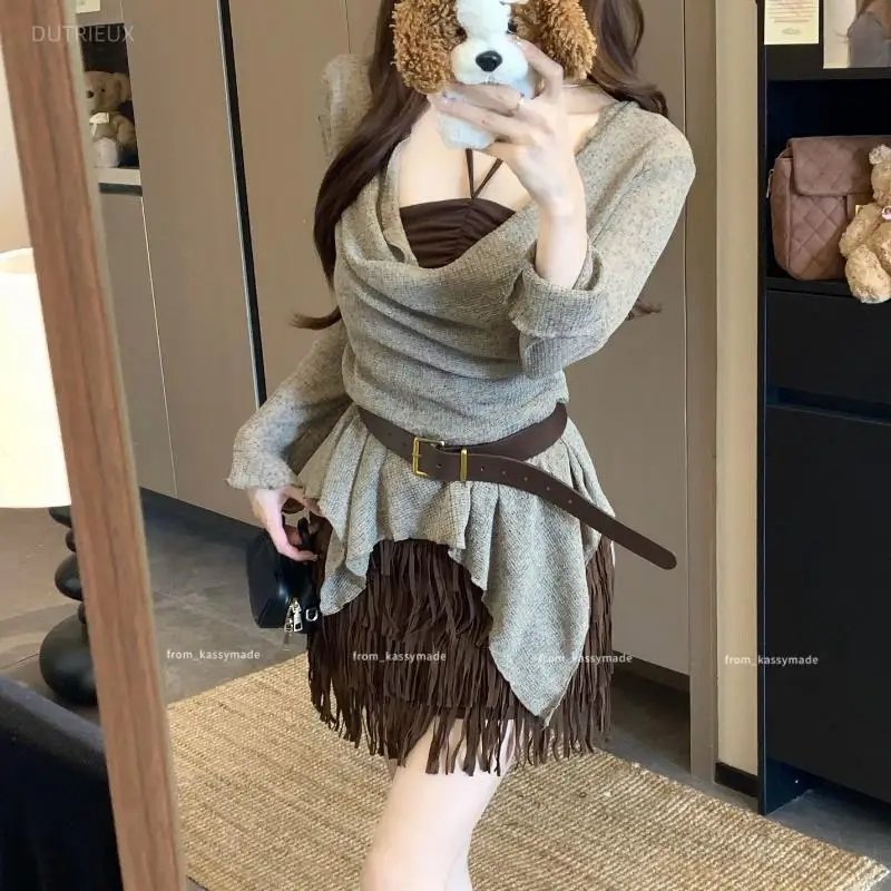 Vintage Subcultural Y2k Casual Knitted Pullover+ Fashion Trend Sexy Women's Camisole Vest Autumn New Two Piece Sets