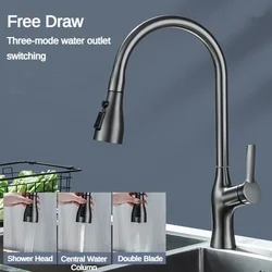 Pull Out Kitchen Sink Faucet Hot Cold Water Mixer Tap 3 Function Stream Sprayer Single Handle Brass Rotatable Water Tap