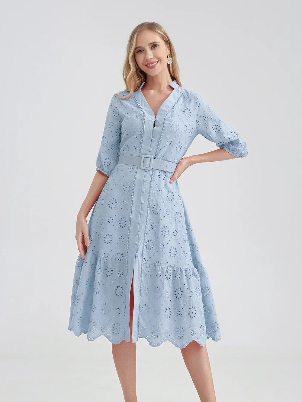 Marwin Cotton Hollow Out Summer Dress Women Holiday Perppy Casual High Waist Ruffled Mini V-Neck Dresses A-line Frills Vestido