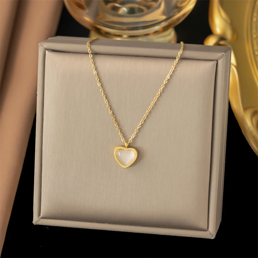 316L Stainles Steel Imitation Cat's Eye Stone Love Heart Shaped Pendant Necklace Earring Fashion High Jewelry Party Gift SAN1741