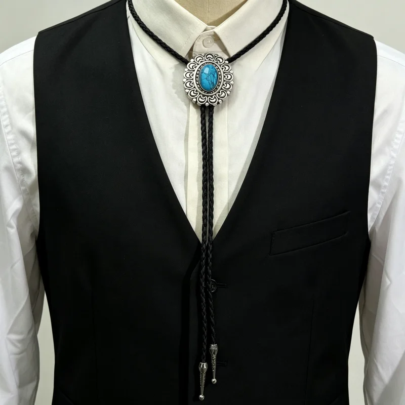 Vintage Cowboy Jazz Turquoise Alloy Mens Bolo Tie Men Women Leather Rope Long Necklace Sweater Chain Shirts Bolo Tie Accessories