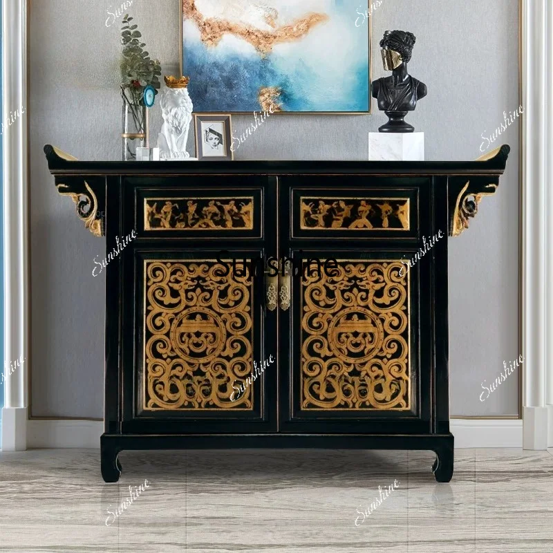 

Chinese hand-painted gold foil upturned head shoe cabinet, solid wood entrance foyer locker