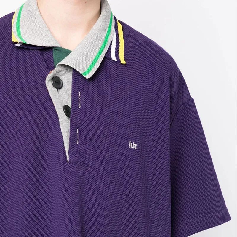 Japanese Fashion KOLOR Asymmetrical Layered Collar Loose Short Sleeved Purple Shirt for Men