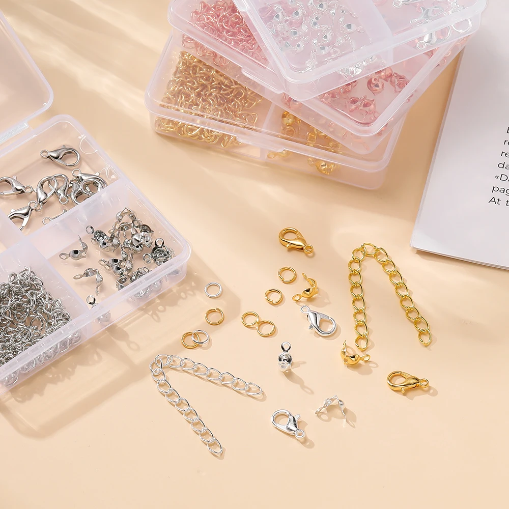 60pcs/Box Lobster Clasp Connector Clasp Crimp End Beads Extension Chain Kit for DIY Necklace Bracelet Jewelry Making Accessories