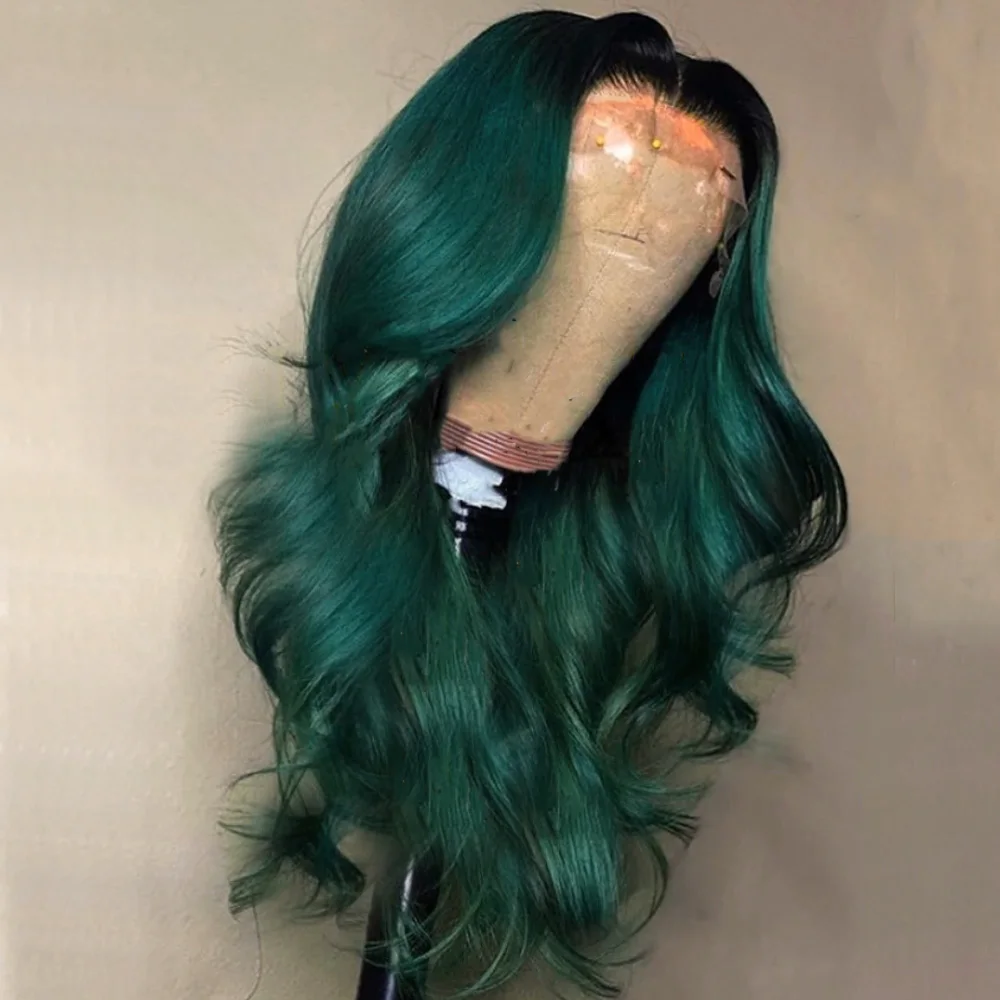 Synthetic Wig Middle Part Long Wavy Ombre Dark Green Colored Glueless Lace Front For Black Women With Baby Hair Daily Wear Wigs