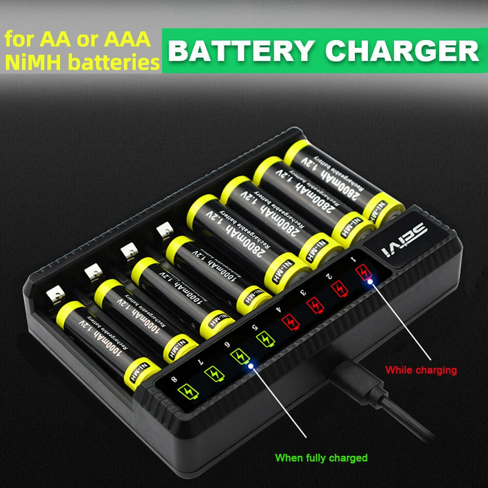 Smart Battery Charger 600mA*8 Slot LED Display USB Battery Charger for AA/AAA 1.2V NiMH Rechargeable Batteries