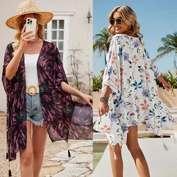 Royal Violet Fresh Chiffon Bikini Sun Coverup Cardigan Women Spring Summer Leisure Beach Loose Cape Swimsuit Cover Ups Wraps