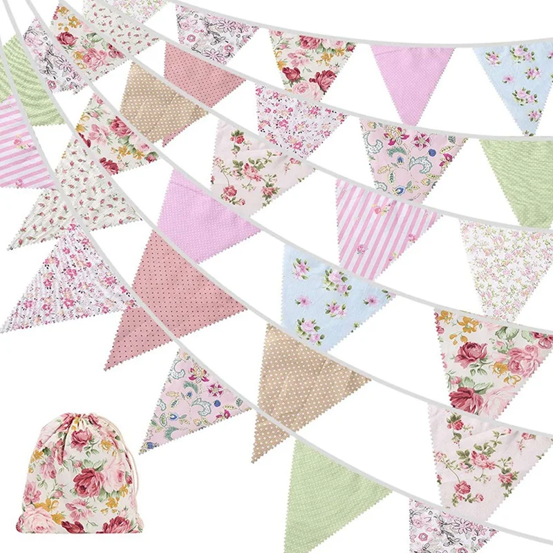 

3X 40Ft Fabric Bunting, 42Pcs Outdoor Bunting Banner,Floral Vintage Cotton Triple-Cornered Flag For Birthday Party