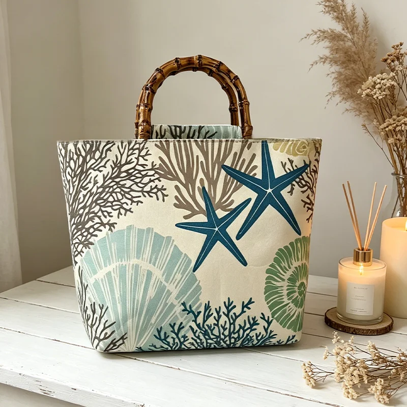 Blaue Seestern-Korallenmuschel-Print Kunstbambusgriff Damen-Tragetasche, Große Kapazität Pendler-Tasche – Detail 4