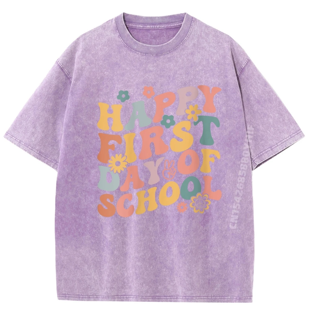 

Retro Happy First Day Of School Tops Tees Christmas Printed Cotton Fabric Mens Tshirts Vintage Retro Washed Tee Shirt Loose