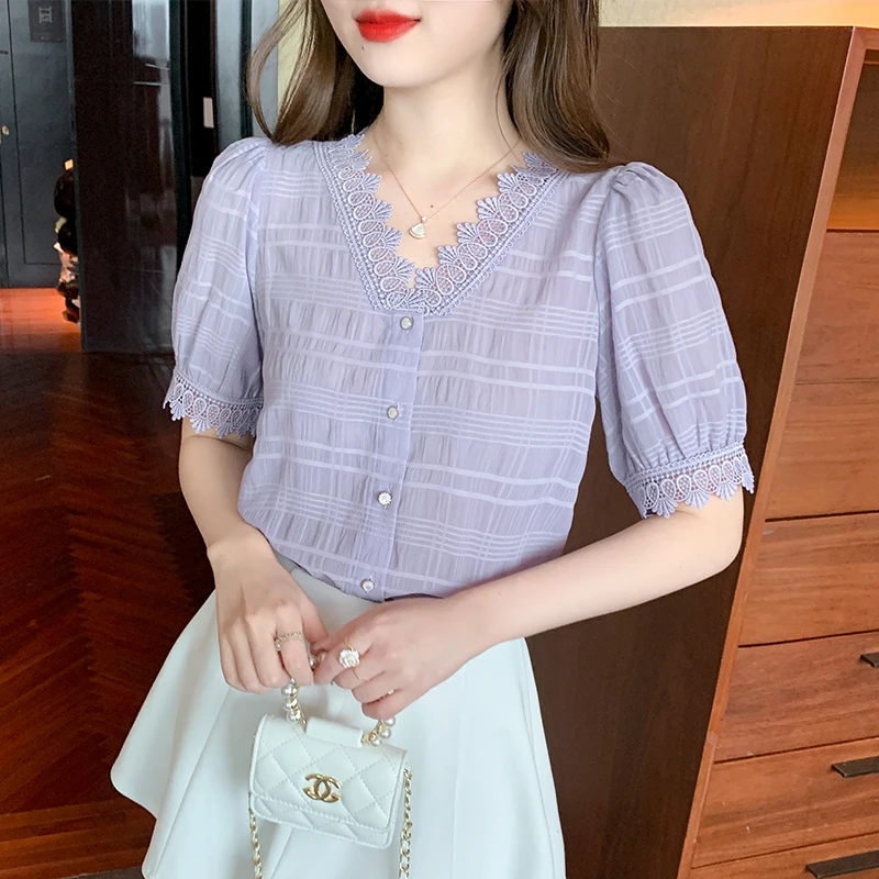 Fashion New Short Sleeve V-Neck Women Shirt Lace Casual Chiffon Shirt Blouse Women Tops  Blusas Mujer De Moda 2024 Verano J798