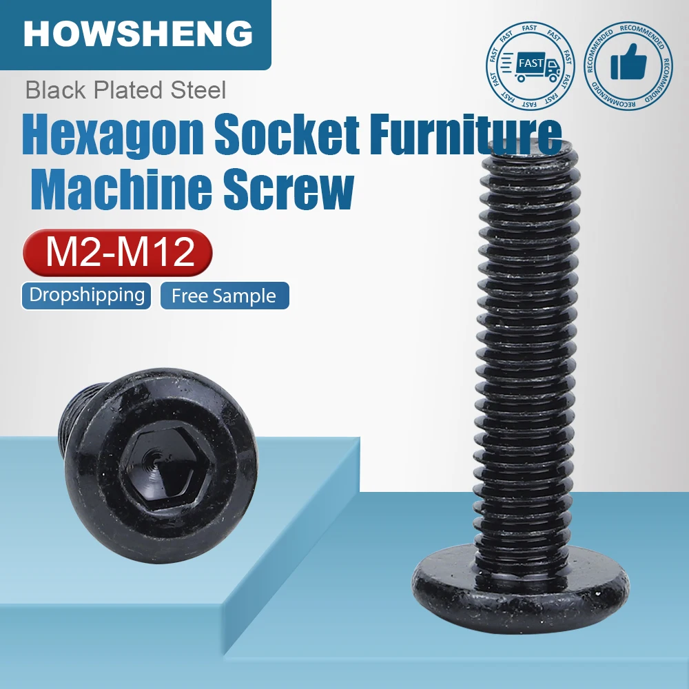 JUIDINTO 5-20pcs/bag Hex Socket Furniture Connector Bolts Black Plated Steel Allen Flat Head Screws M4 M5 M6 M8 M10