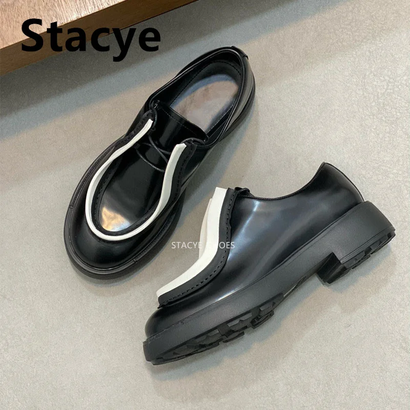 2024New Brand Designed Natural Leather Black Platform Lace-up Women's Loafers 2024 New Quality Fashion Office Men's Casual Shoes