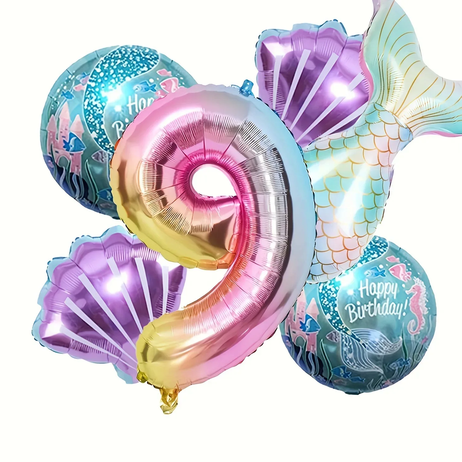6-teiliges Meerjungfrauenschwanz-Kugel-Set aus digitaler Folienballon, Meerjungfrau, Ozean, Märchen, Meer, Thema, Mädchen, Geburtstag, Party, Nummer 0–9, Dekoration – Detail 15