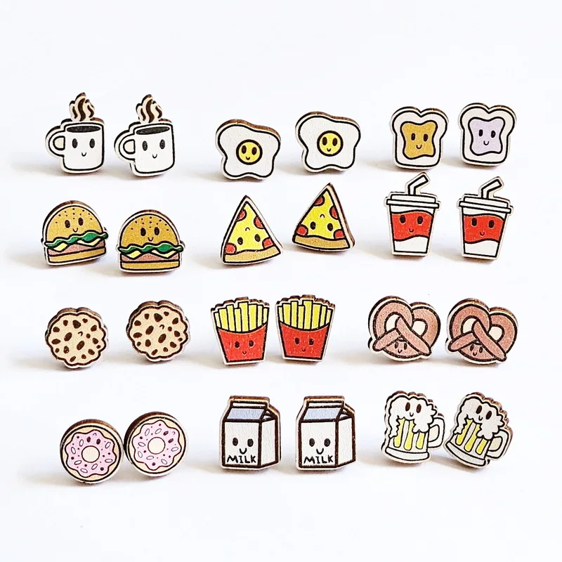 20 Pairs/Lot Funny Print Wood Coffee Cup Donut Summer Stud Earrings Girls Jewelry Gifts Wholesale