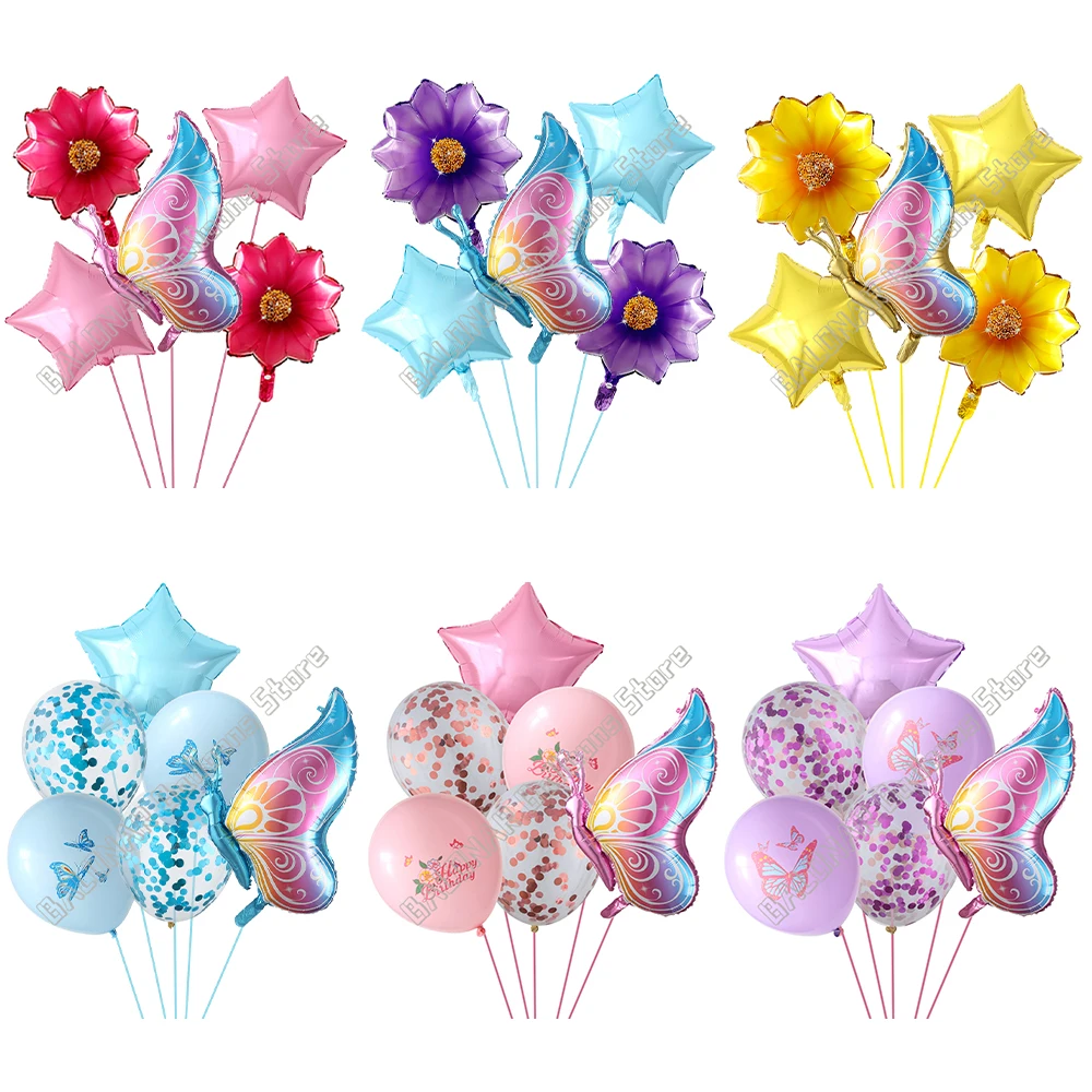 5pcs Butterfly Balloons Pink Blue Sunflower Leaves Baby Shower Decorations Helium Ballon Birthday Party Wedding Decor Globos