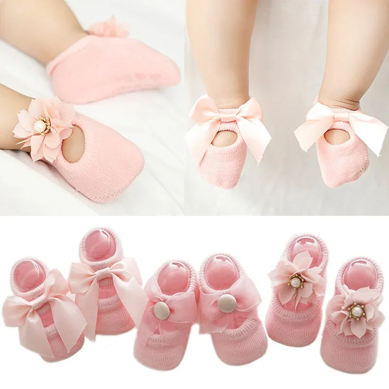 

3 Pairs Cute Flower Baby Socks Sweet Lace Bow Newborn Girls Princess Sock Soft Cotton Infant Anti-slip Floor Socks