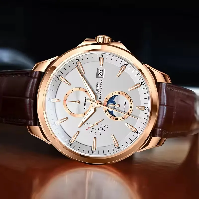 LOBINNI Designer Männer Automatische Mechanische Uhren Mondphase Datum Woche Männer Armbanduhr Wasserdicht Saphirglas Uhren